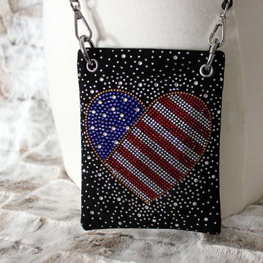 Patriotic Red White Blue Rhinestone Bling Black Hobo Crossbody Mini Phone Bag - Picture 3 of 14